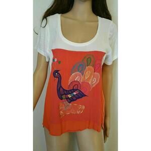 Language ARTSY Size L Womens Top/Blouse Orange colorful peacock Prnt on front